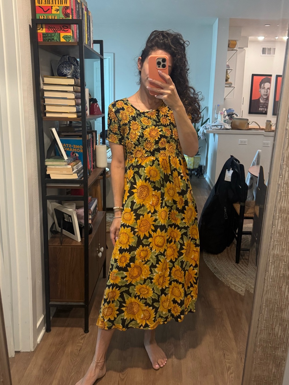 Vintage Black Midi Dress with Yellow Sunflower Print